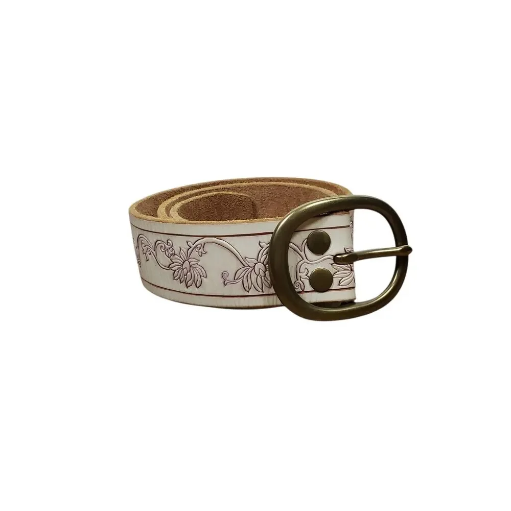 Lucky Brand Chimaera Scored Leather Belt Womens 30 White Brass Buckle Floral
